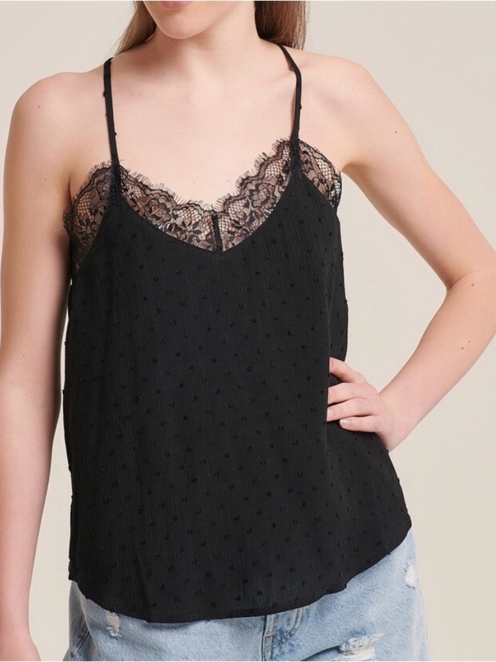 Stradivarius Black V Neck Swiss-dot Cami Top sheer floral lace racerback Sz L